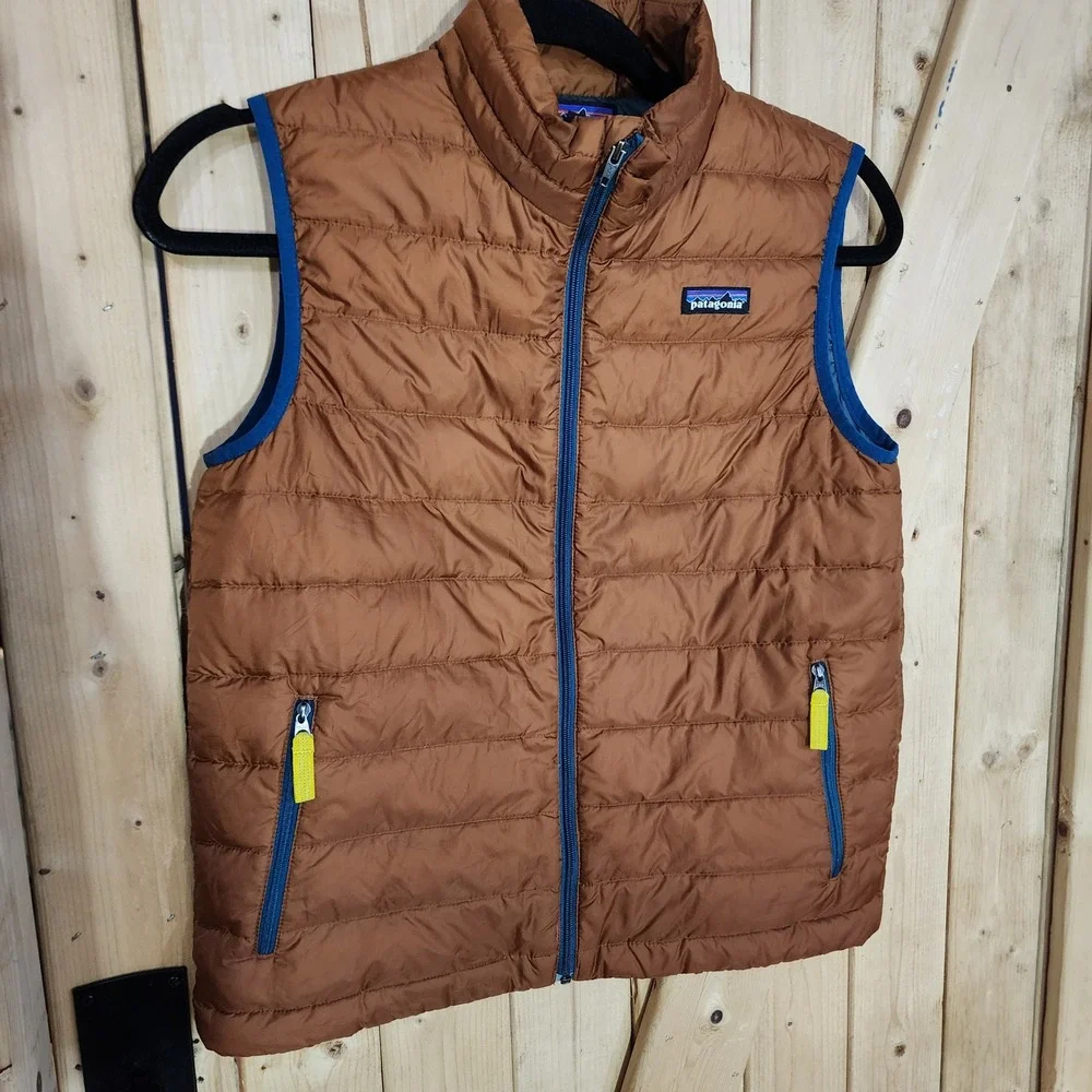 Patagonia Boys Down Vest Copper Brown Blue Trim Size Large 12 L Quilted